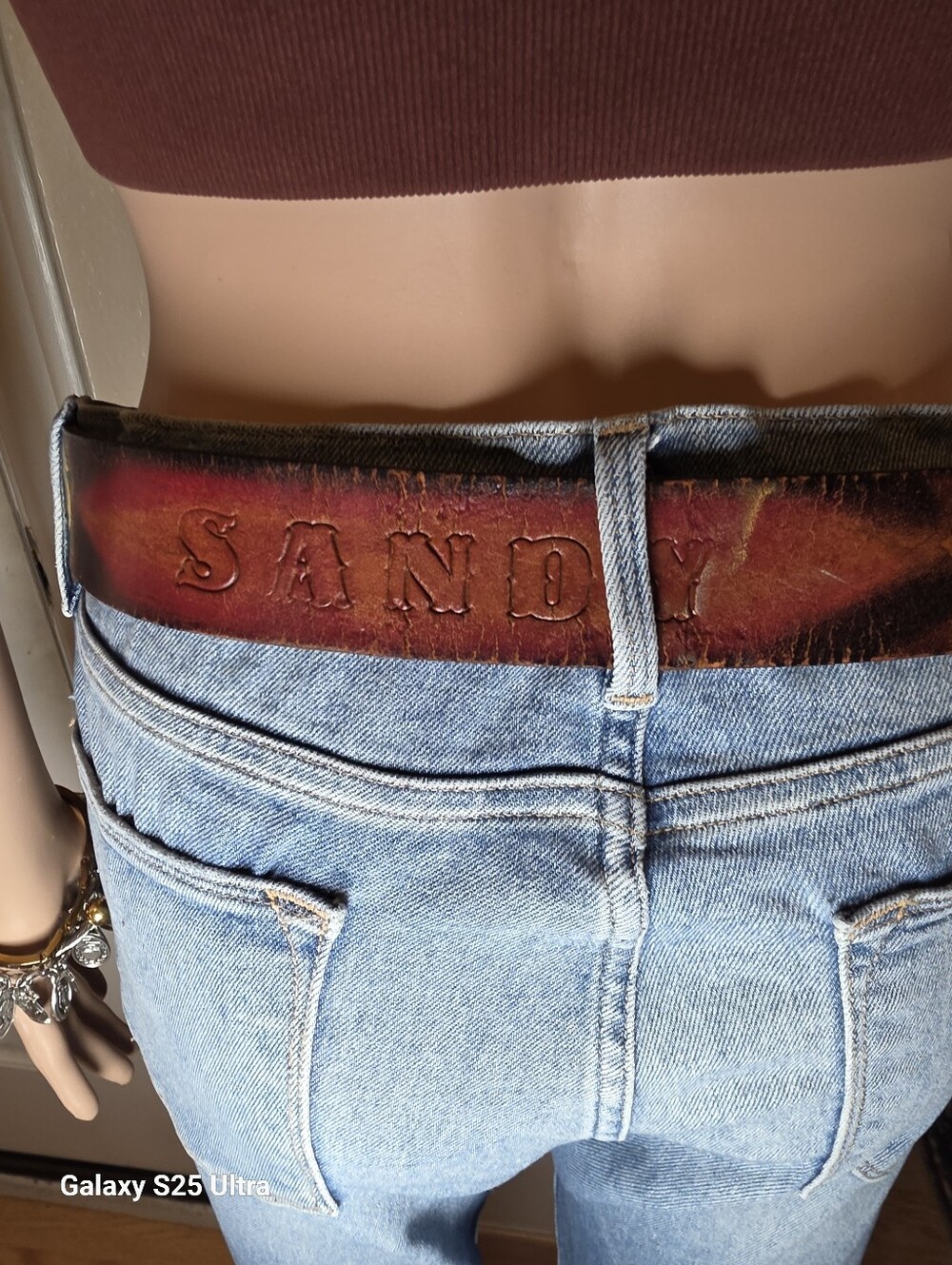 Vintage Tooled Leather Name Belt SANDY Painted Yellow Rose Western Boho - Picture 6 of 14